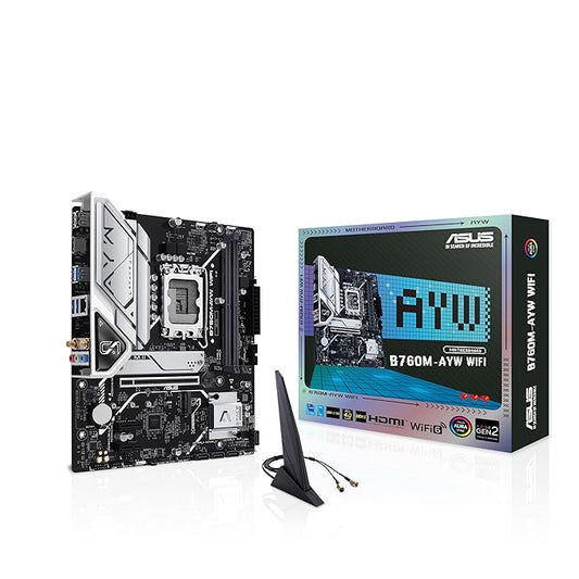 ASUS B760M-AYW WiFi, an Intel B760 LGA 1700 mATX Motherboard with PCIe 4.0, Two PCIe 4.0 M.2 Slots, DDR5, Realtek 2.5Gb Ethernet, WiFi 6, HDMI, SATA 6 Gbps, Front USB 3.2 Gen 1, Aura Sync