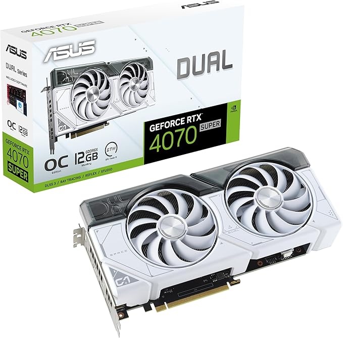 ASUS Dual GeForce RTX™ 4070 Super White Edition (PCIe 4.0, 12GB GDDR6X, DLSS 3, HDMI 2.1a, DisplayPort 1.4a, 2.56-Slot Design, Axial-tech Fan Design, Auto-Extreme Technology, and More)